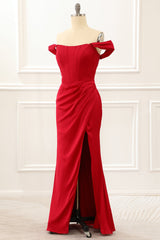 Off The Shoulder Ruffles Burgundy Prom Dress With Slit