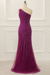 One Shoulder Purple Beaded Prom Dress With Slit