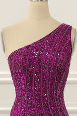 One Shoulder Purple Beaded Prom Dress With Slit