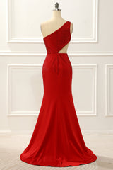 One Shoulder Red Mermaid Prom Dress With Hollow Out