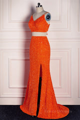 Orange Mermaid Spaghetti Straps Sparkly Two-Piece Long Formal Dress