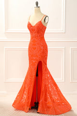 Orange Mermaid Glitter Prom Dress With Slit