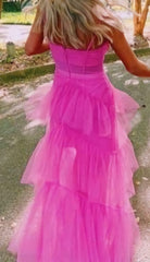 Princess Hot Pink Long Prom Dress Layered Tulle Sleeveless Corset Gown,Evening Dresses