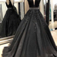 Black Appliques Prom Dress With Beaded Waist A Line Tulle Long Graduation Dresses