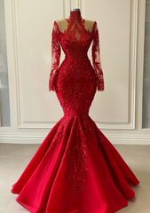 Arabic Aso Ebi Red Luxurious Lace Beaded Evening Dresses, Mermaid Long Sleeves Prom Dresses, Vintage Formal Party Second Reception Gowns