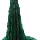Forest Green Lace Appliques Tulle Floor Length Prom Dress, Featuring One Shoulder Bodice With Bow Accent Belt