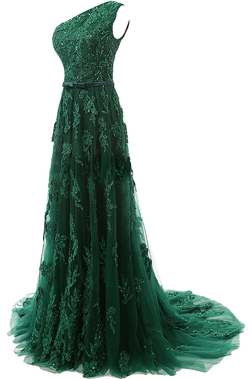 Forest Green Lace Appliques Tulle Floor Length Prom Dress, Featuring One Shoulder Bodice With Bow Accent Belt