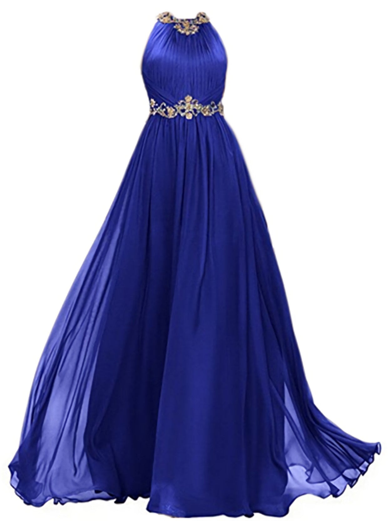 Womens Chiffon Beaded Prom Dress, Jewel Long Evening Dress, A Line Prom Gown With Gold Belt