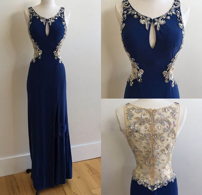 Long Dark Blue Chiffon Beaded Crystals Prom Dresses, See Through Back Mermaid Formal Gowns Sexy Party Evening Dresses