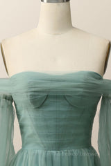 Puffy Sleeves Green Tulle A-line Long Formal Dress