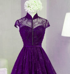 Purple Lace Knee Length Homecoming Dress, Purple Lace Short Prom Dress