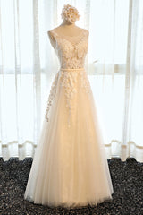 Round Neck Champagne Lace Prom Dresses, Champagne Lace Formal Evening Bridesmaid Dresses