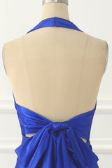 Royal Blue Halter Satin Prom Dress With Bow