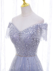 Shiny Off the Shoulder Silver Gray Long Prom Dresses, Silver Gray Long Formal Evening Dresses