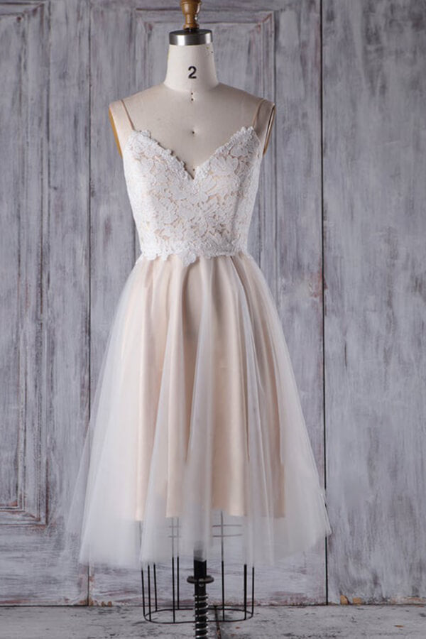 Short A-line Spaghetti Strap Lace Tulle Wedding Dress