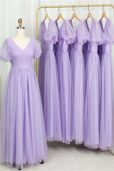 Short Puffy Sleeves Lavender Tulle Long Formal Dress