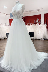 Simple Long V-neck Sequins Ruffles A-line Tulle Backless Wedding Dress