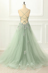Spaghetti Straps Tulle Green Prom Dress With Appliques