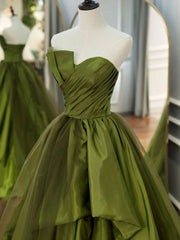Strapless Green High Low Prom Dresses, High Low Green Long Formal Evening Dresses