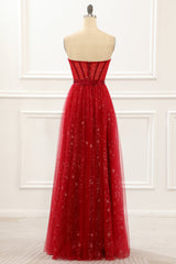 Strapless Red Tulle A Line Corset Prom Dress
