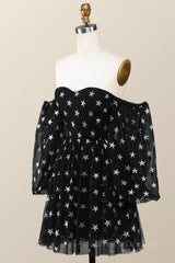 Sweetheart Black A-line Stars Short Dress with Puffy Sleeves