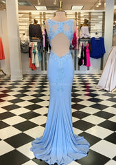 Trumpet Mermaid Scalloped Neck Sleeveless Sweep Train Elastic Satin Prom Dress With Appliqued