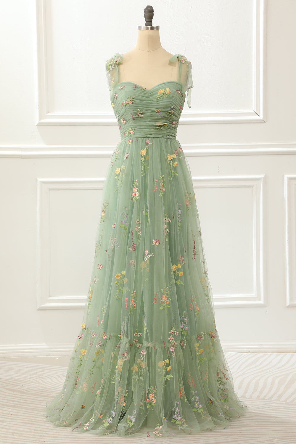 Tulle Green A Line Prom Dress With Embroidery