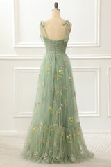 Tulle Green A Line Prom Dress With Embroidery