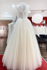 Unique Ivory Long Princess V-neck Tulle Lace Wedding Dress