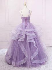 V Neck Purple Sequin Long Prom Dress, Purple V Neck Long Formal Evening Dresses