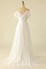 White Off The Shoulder Tulle Wedding Dress