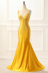 Yellow Satin Mermaid Glitter Prom Dress With Beading